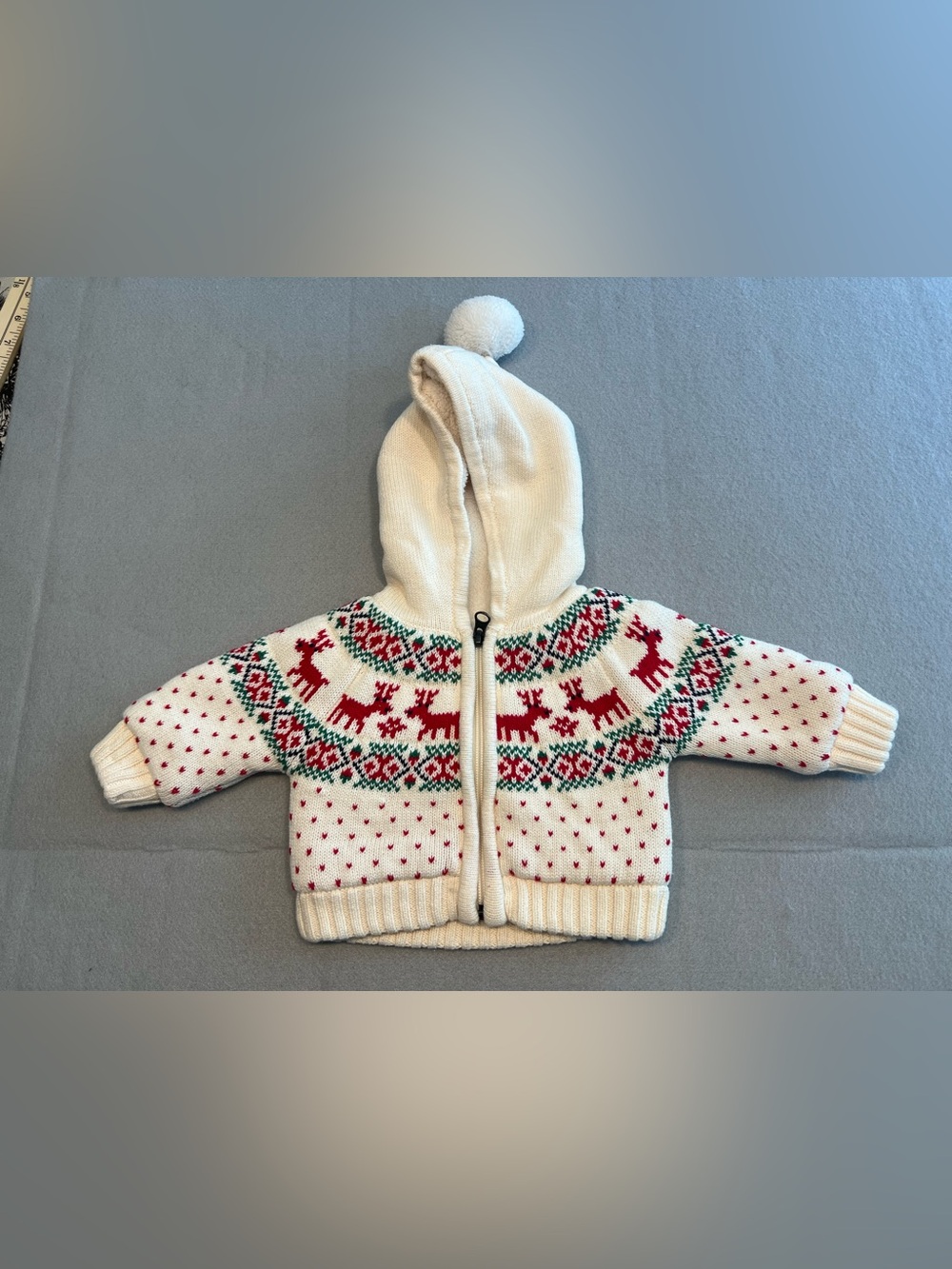 Hanna Andersson Fair Isle Reindeer Hooded Sweater Sherpa Lined Cream 0/3 Months